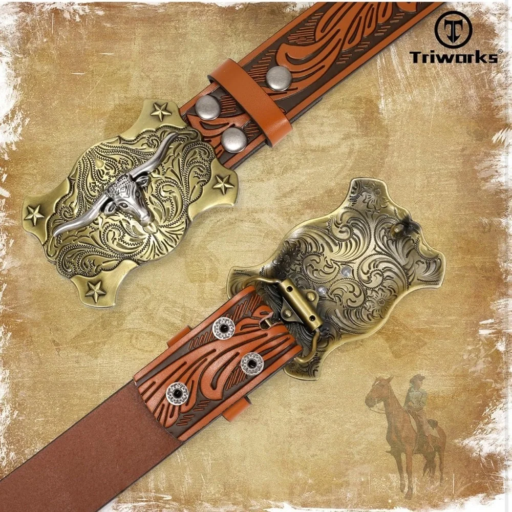 Western Tooled Leather Belt with Longhorn Buckle - Tan & Brass